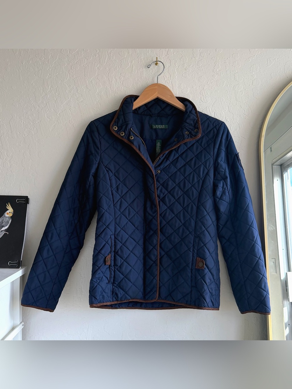 Ralph Lauren Navy Quilted Utility Jacket with Brown Trim